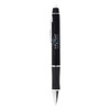 A black plastic pen with a silver tip and a textured grip. The pen features a logo on its body.