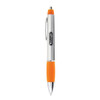 A silver and orange metal pen with a clip and branding on the barrel.