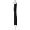 A metallic pen in black with a white tip and clip, featuring a textured grip and a logo.
