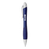 A metallic pen in blue and silver with a grip section and branding on the barrel.