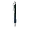 A metallic green pen with a silver clip and grip, featuring a logo on its side.