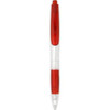 A plastic pen with a red barrel and a white grip, featuring a logo on the side.