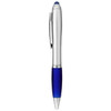 A silver stylus pen with a blue grip and a silver clip, featuring a logo on the barrel.