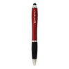 A red stylus pen with a black grip and a silver tip, featuring a logo.