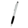 A stylus pen with a silver body and black grip, featuring a clip and a rounded tip for touchscreen use.