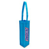 A blue non-woven single wine tote bag with a long handle and a logo.
