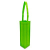 A green non-woven tote bag designed to hold a single wine bottle, featuring sturdy handles and a logo.