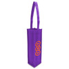 A purple non-woven single wine tote bag with long handles and a logo on the side.