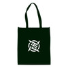 A large black shopping tote bag with a white logo design prominently displayed on the front.