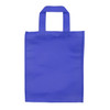 A blue tote bag with two short handles and a simple design, featuring a logo on one side.