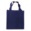 A navy shopping tote bag with a gusset and sturdy handles. It features a simple design with a logo.