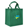 A green shopping tote bag with gusset and two sturdy handles, featuring a logo on one side.