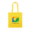 A yellow tote bag with short handles and a logo design featuring a camera icon and text.
