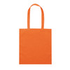 An orange tote bag with two handles and a blank surface, featuring a logo.