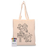 A colourful calico tote bag featuring a monkey design, with a box of crayons beside it. Includes a logo.
