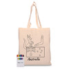 A cream calico bag featuring an Australian flag design with a kangaroo and a crayon set in various colours.