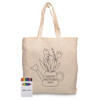 A cream canvas tote bag featuring a plant design, accompanied by a crayon set in various colours.