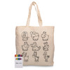 A cream-coloured tote bag featuring outlined cartoon animals, accompanied by a crayon set in various colours.