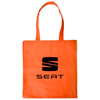An orange shopping tote bag with sturdy handles and a logo on the front.