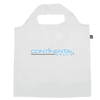 A white recycled PET bag with a logo, featuring dual handles for easy carrying.