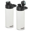 A drink bottle in matte white with black accents and a logo, featuring a flip-top lid and a carrying handle.