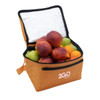A cooler bag in orange, open and filled with various fresh fruits, featuring a silver insulated interior and a logo.