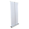 A Deluxe 850mm roll-up banner featuring a sleek silver stand and a white display panel.