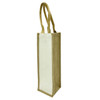 A jute wine bag featuring a natural brown hue with a cream-coloured panel and two sturdy handles.