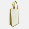 A jute double wine bag in natural beige and tan, featuring sturdy handles and a simple, rustic design.