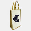 A jute double wine bag in natural and tan colours, featuring a branding logo on the front.