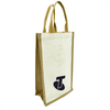 A jute double wine bag in natural and brown hues, featuring carry handles and a logo on one side.
