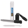 A stainless steel telescopic straw in a clear case, accompanied by a cleaning brush and a black keychain attachment.