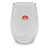 A stemless, shatterproof red wine glass in clear plastic with a logo.