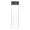 A drink bottle in clear Tritan plastic with a black screw-on lid and a curved design.