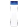 A drink bottle made of transparent Tritan with a blue lid and a sleek, curved design. It features a logo.