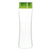 A drink bottle made of clear Tritan plastic with a green lid, featuring a sleek and modern design.