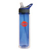 A drink bottle with a transparent body and blue accents, featuring a straw and a logo.