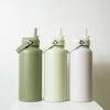 A drink bottle set featuring three bottles in olive green, light green, and white, each with a straw and strap.