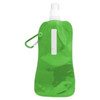 A drink bottle in bright green, featuring a spray nozzle and a clip for attachment. It has a simple logo.