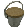 A drink bottle cap featuring a bamboo top and a metallic base, with a carry handle for convenience.