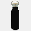 A drink bottle in sleek black, featuring a stainless steel lid and a cork accent, with a logo on its surface.