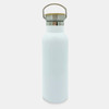 A drink bottle in white with a metal lid and wooden handle, featuring a logo on the front.