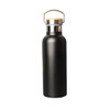 A drink bottle in matte black with a stainless steel rim and wooden cap, featuring a logo.