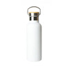 A drink bottle in white with a stainless steel cap and a wooden handle, featuring a logo on the side.