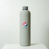 A drink bottle in a sleek grey finish with a logo on the front.