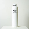 A drink bottle in a sleek white design with a black logo. It features a smooth, cylindrical shape.