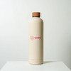 A drink bottle with a sleek, cream-coloured body and a brown lid, featuring a logo.