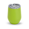 A drink bottle with a vibrant green finish and a clear lid, designed for use as a tumbler.