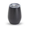 A drink cup in matte black with a clear lid, designed for beverages. It has a rounded shape and a sleek appearance.