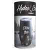 A drink bottle featuring a sleek black design with a transparent lid and a logo. Contains graphics of stars and water.
